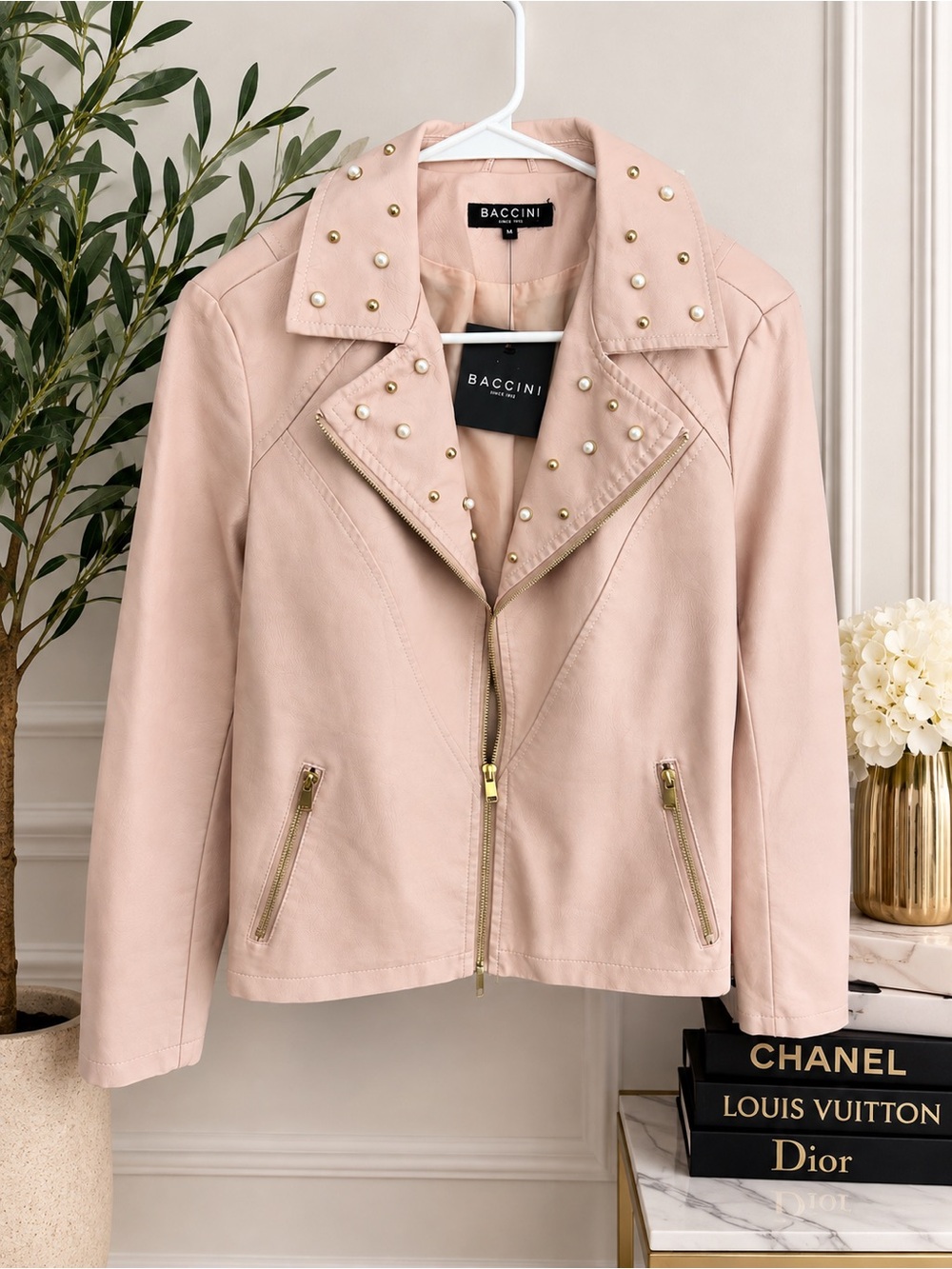 Baccini Blush Pink Studded Moto Jacket